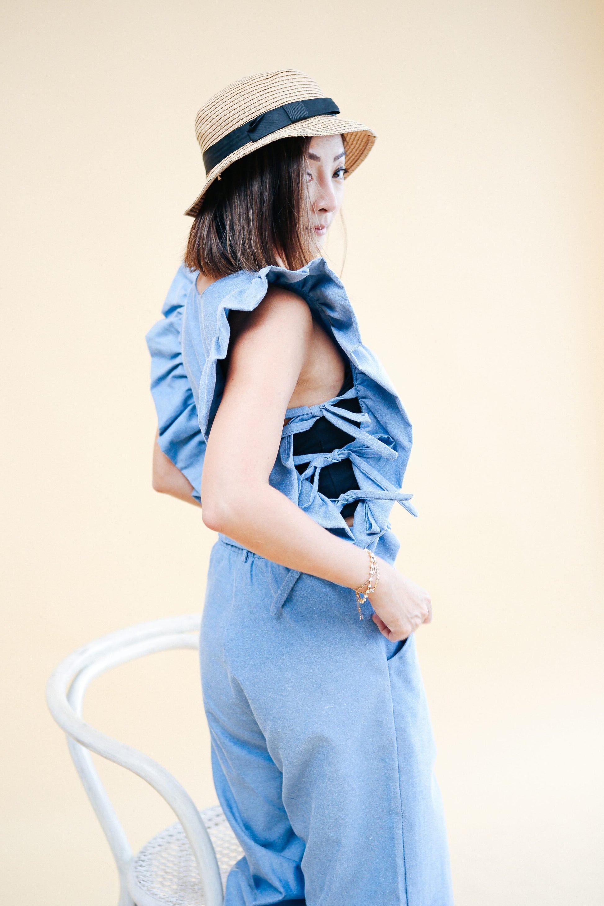 [RE - LOVE] Daffodil Ruffled Bib Chambray Fashion Rags2Riches