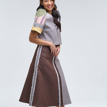 [Ready Today] 4-Way A-Line Skirt Two-Tone Denim Brown Fashion R2R On Repeat