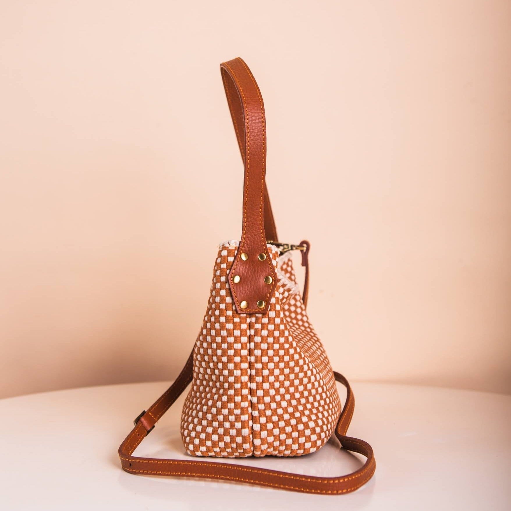 [Ready Today] Buslo Micro Checkerboard Tan & Beige with Longer Handles Fashion Rags2Riches